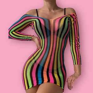 Stunning & Sexy Fishnet Teddy Dress, Semi-Sheer Rainbow Striped Rave Wear NWT.